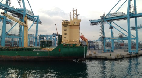 A ship unloads at the Maersk dock in Algeciras, Spain.