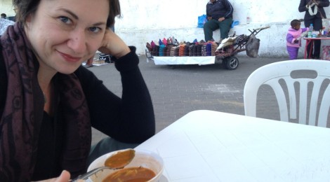 Alison eating harira near the media in Tangier, Morocco.