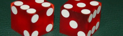 Two craps dice on a green background. From Wikimedia Commons.