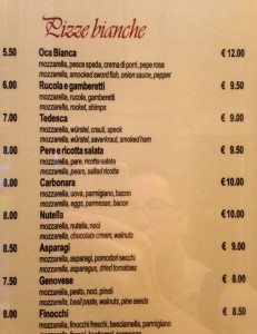 The white pizza menu at L'Oca Bianca in Cagliari, Italy.