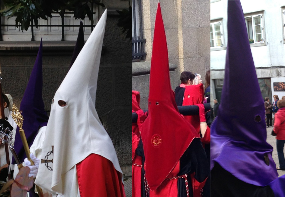 Capirote during Semana Santa: white in Oviedo, red and purple in Santiago de Compostela.