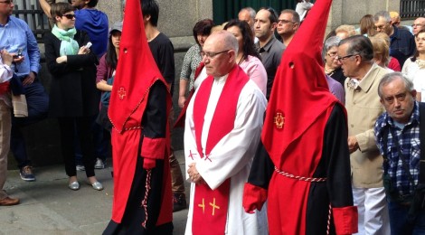 Semana Santa marchers hidden under capirote in Santiago de Compostela, Spain.