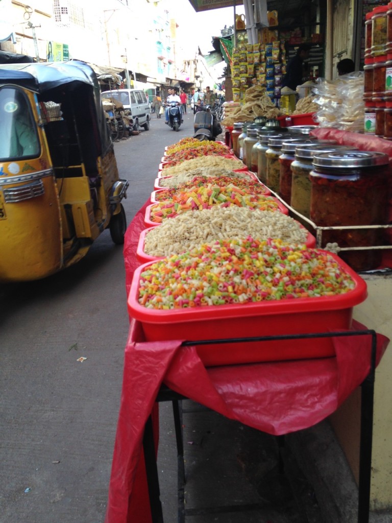 Colorful pasta on display at the food market east of the Charminar in Hyderabad.