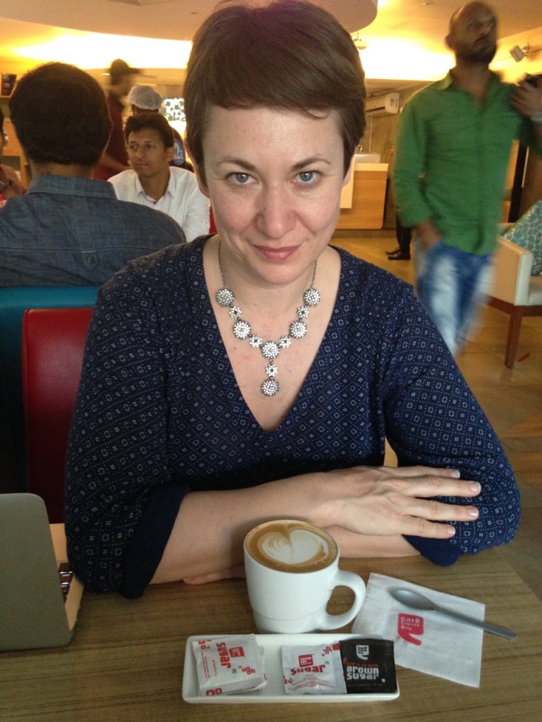 Alison enjoys a heart-shaped latte in Hyderabad